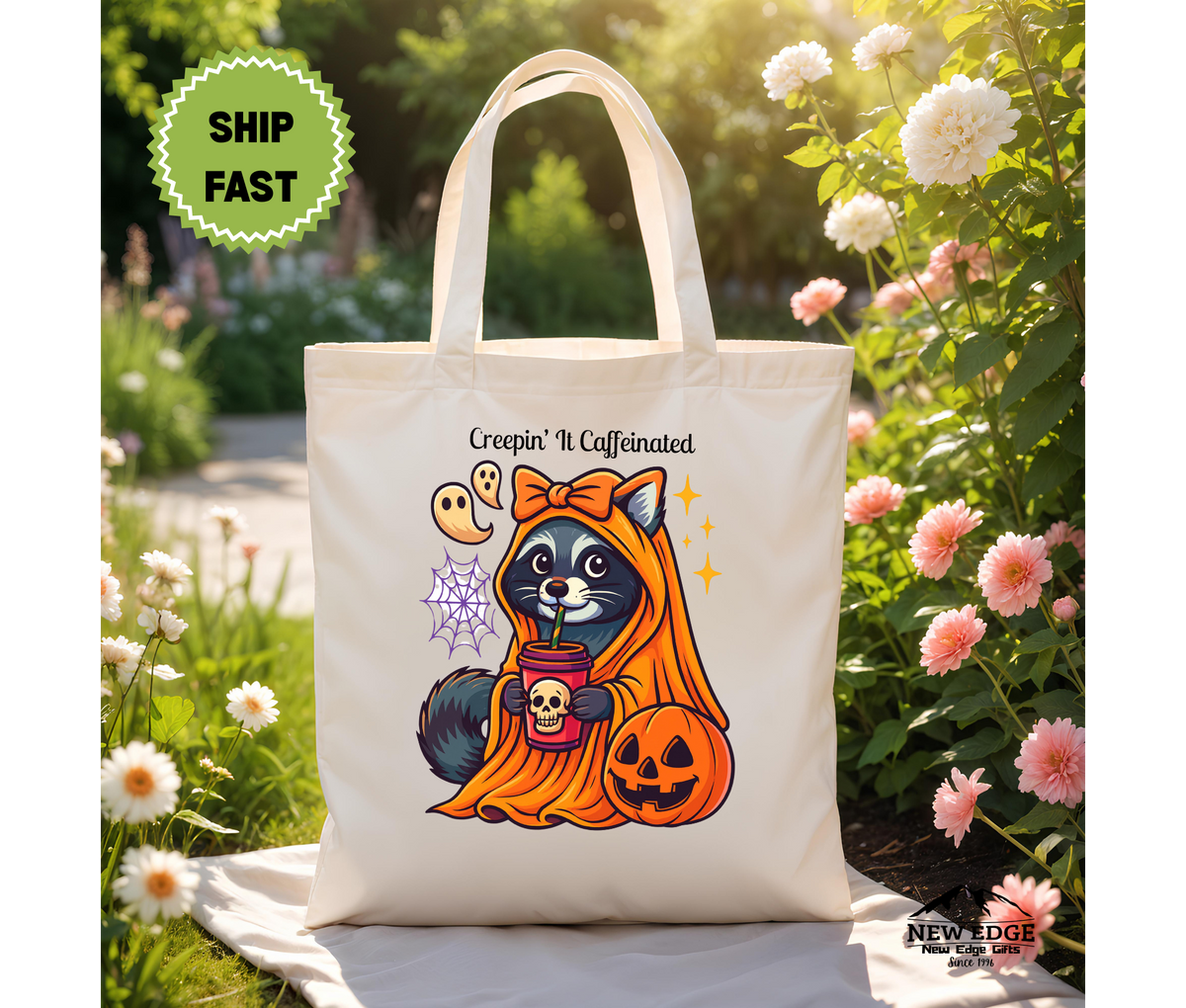 Creepin’ It Caffeinated Halloween Tote Bag – Raccoon with Bow and Coffee by Pumpkin Cotton Canvas Bag, Funny Fall Gift for Coffee Lovers