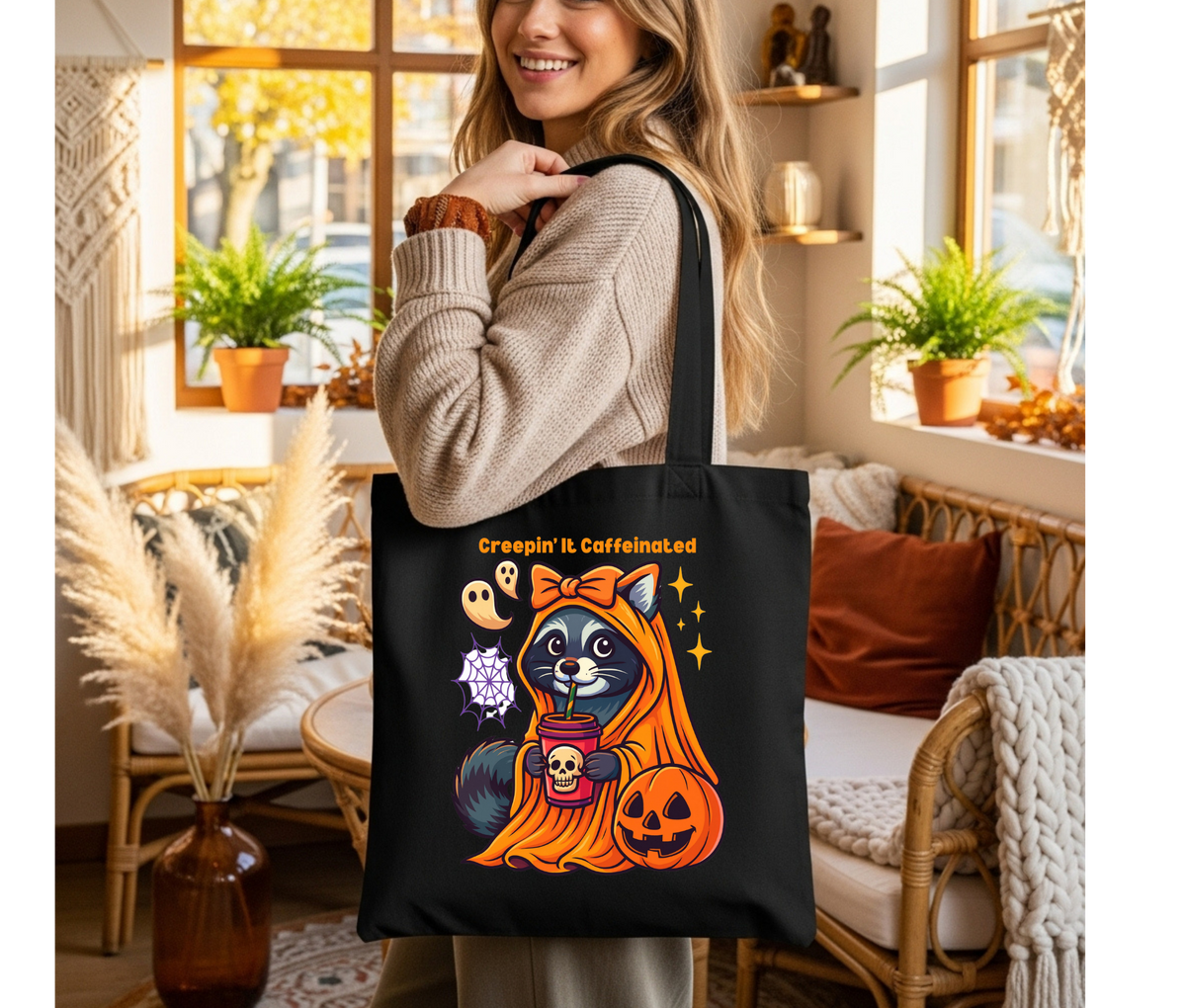Creepin’ It Caffeinated Halloween Tote Bag – Raccoon with Bow and Coffee by Pumpkin Cotton Canvas Bag, Funny Fall Gift for Coffee Lovers
