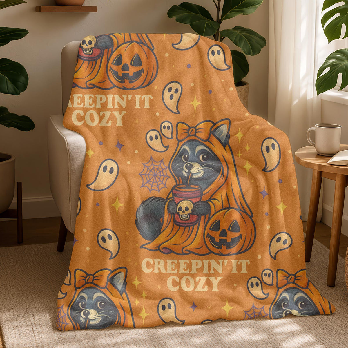 Velveteen Creepin’ It Cozy Raccoon Halloween Blanket – Soft Spooky Fall Throw