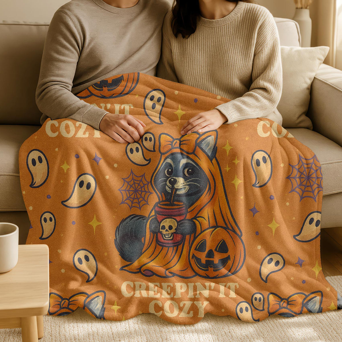 Velveteen Creepin’ It Cozy Raccoon Halloween Blanket – Soft Spooky Fall Throw