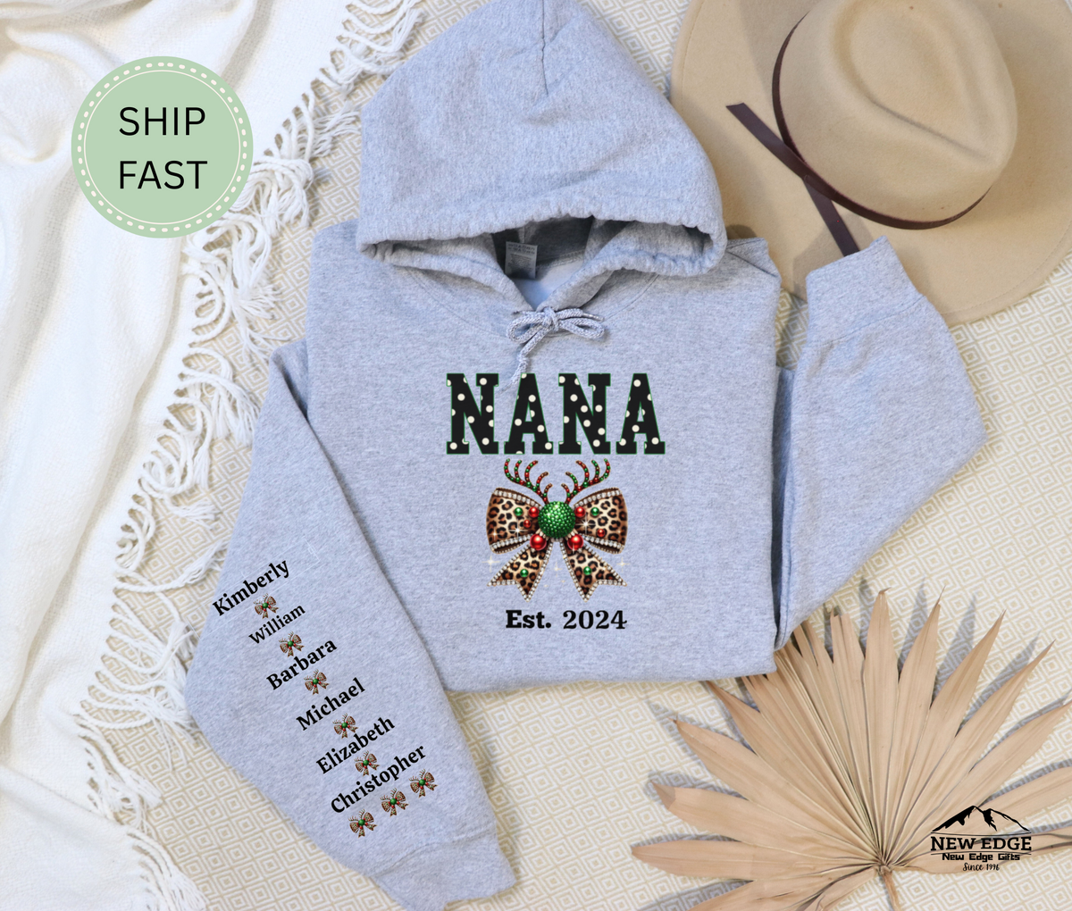 Christmas Gift for Nana – Custom Personalized Sweatshirt with Grandkids’ Names on Sleeve