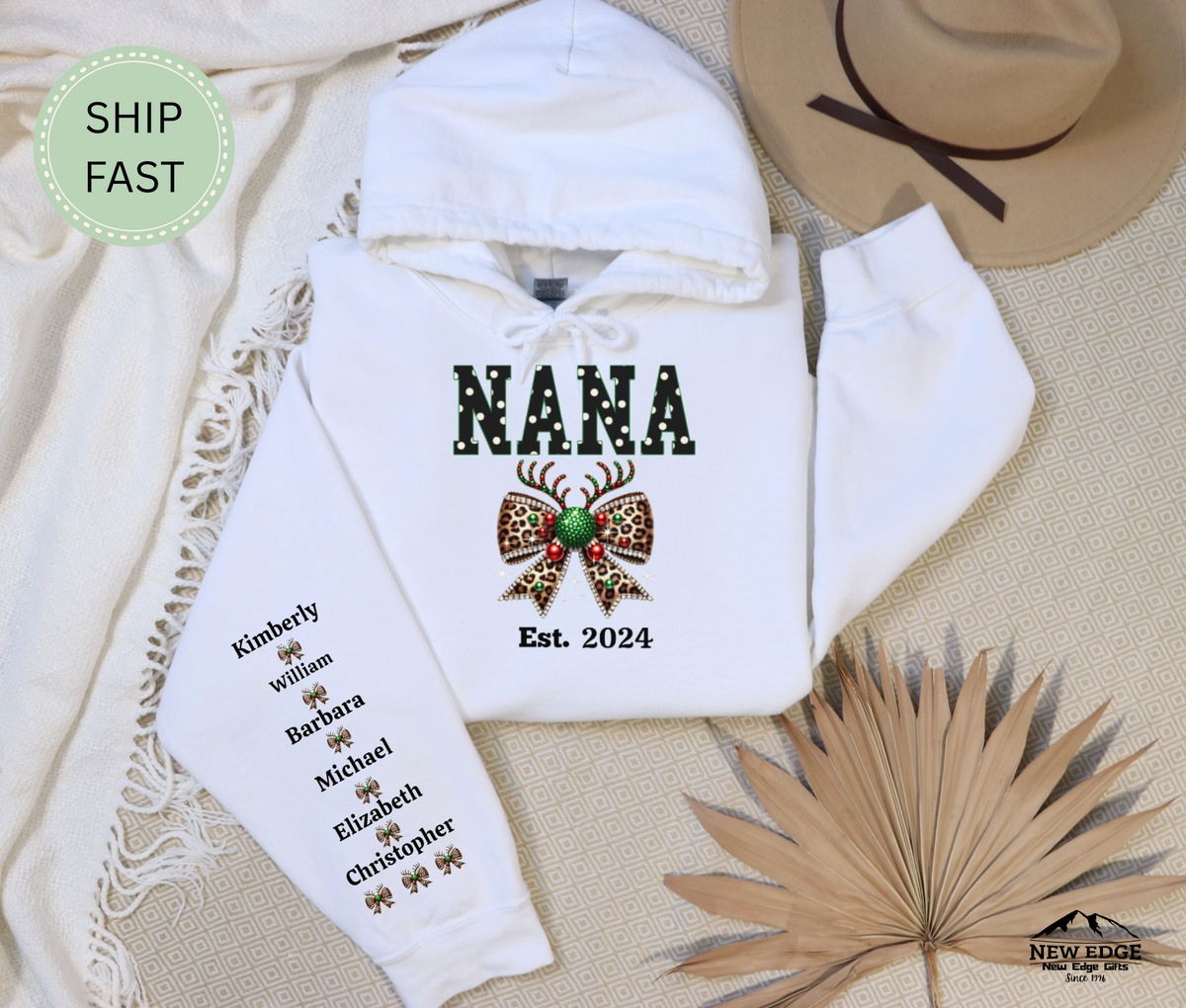Christmas Gift for Nana – Custom Personalized Sweatshirt with Grandkids’ Names on Sleeve