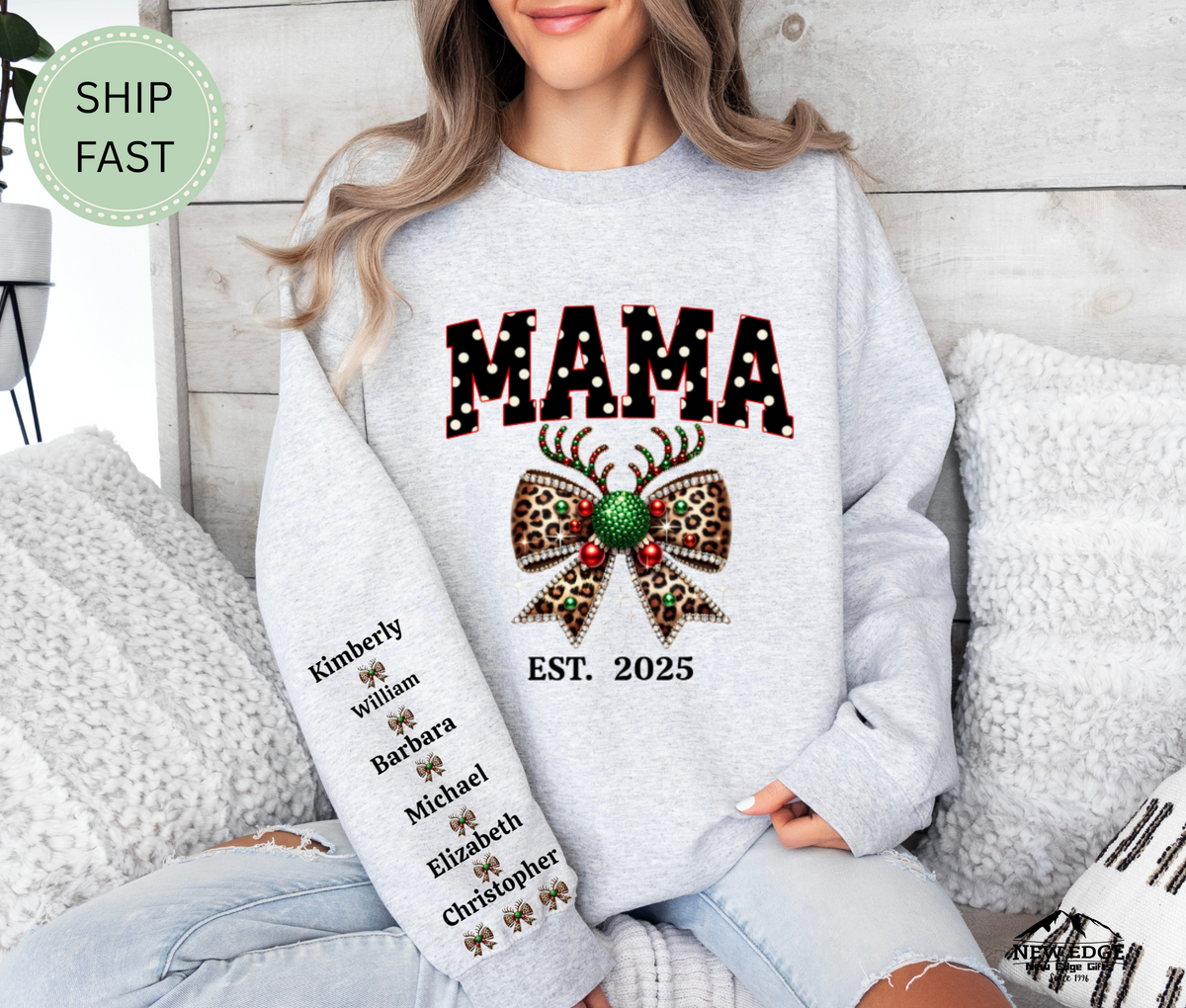 Christmas Gift for Nana – Custom Personalized Sweatshirt with Grandkids’ Names on Sleeve