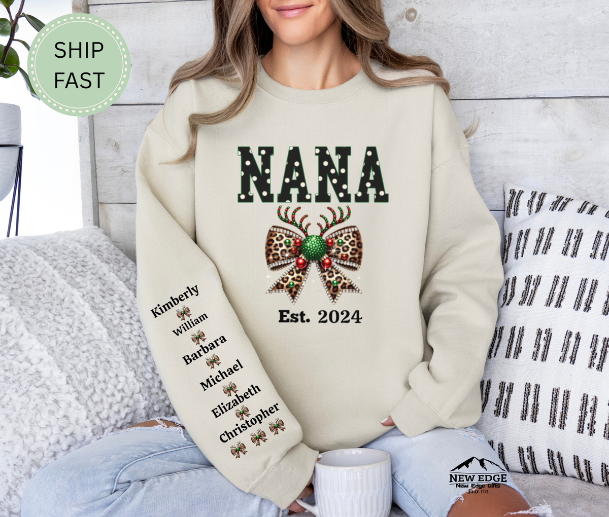 Christmas Gift for Nana – Custom Personalized Sweatshirt with Grandkids’ Names on Sleeve