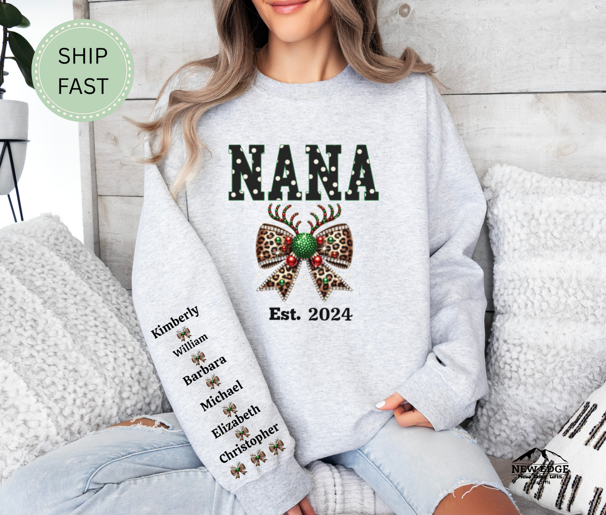 Christmas Gift for Nana – Custom Personalized Sweatshirt with Grandkids’ Names on Sleeve