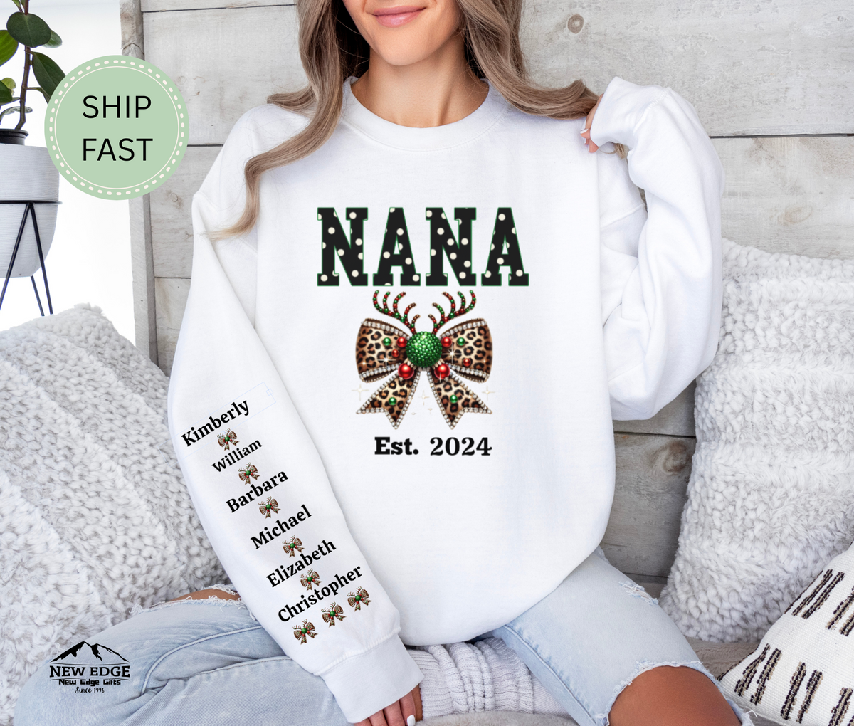 Christmas Gift for Nana – Custom Personalized Sweatshirt with Grandkids’ Names on Sleeve