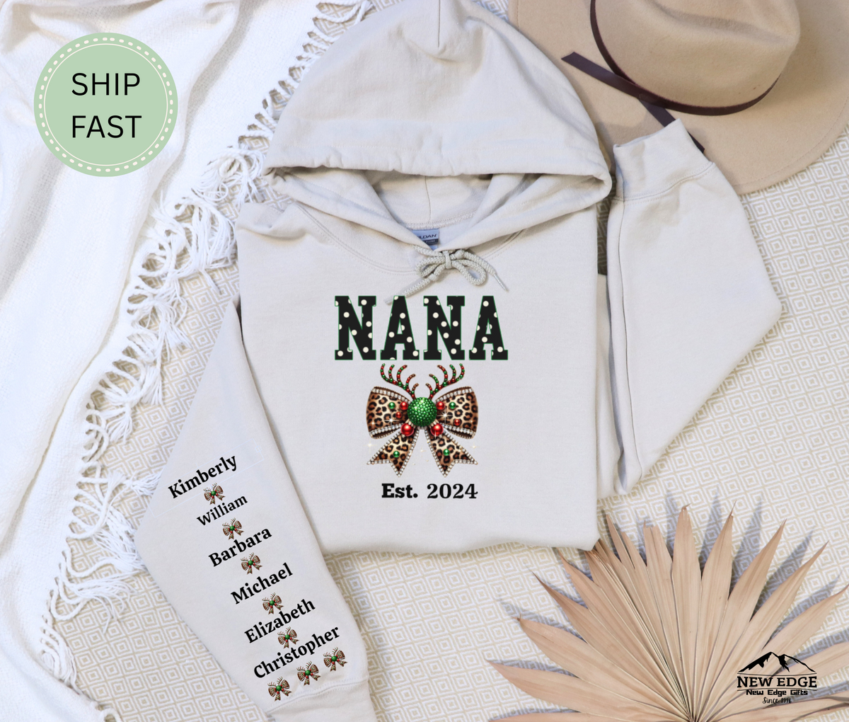 Christmas Gift for Nana – Custom Personalized Sweatshirt with Grandkids’ Names on Sleeve