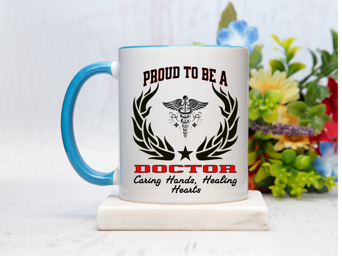PROUD TO BE A DOCTOR Accent Coffee Mug – “Caring Hands, Healing Hearts” – Physician Gift by New Edge Gifts and Novelties