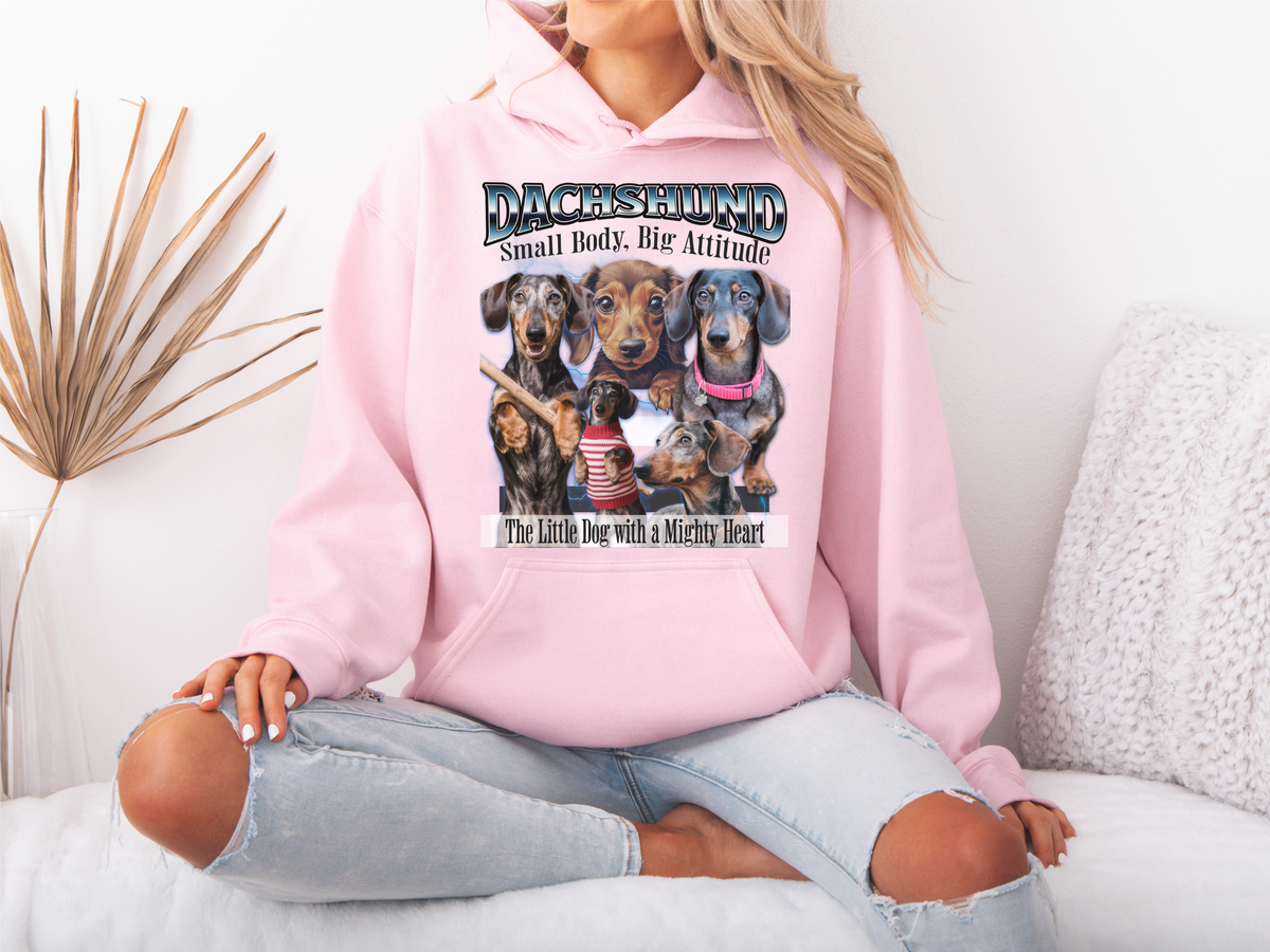 Dachshund Bootleg Collage Hoodie – Small Body, Big Attitude | Unisex Dog Lover Pullover