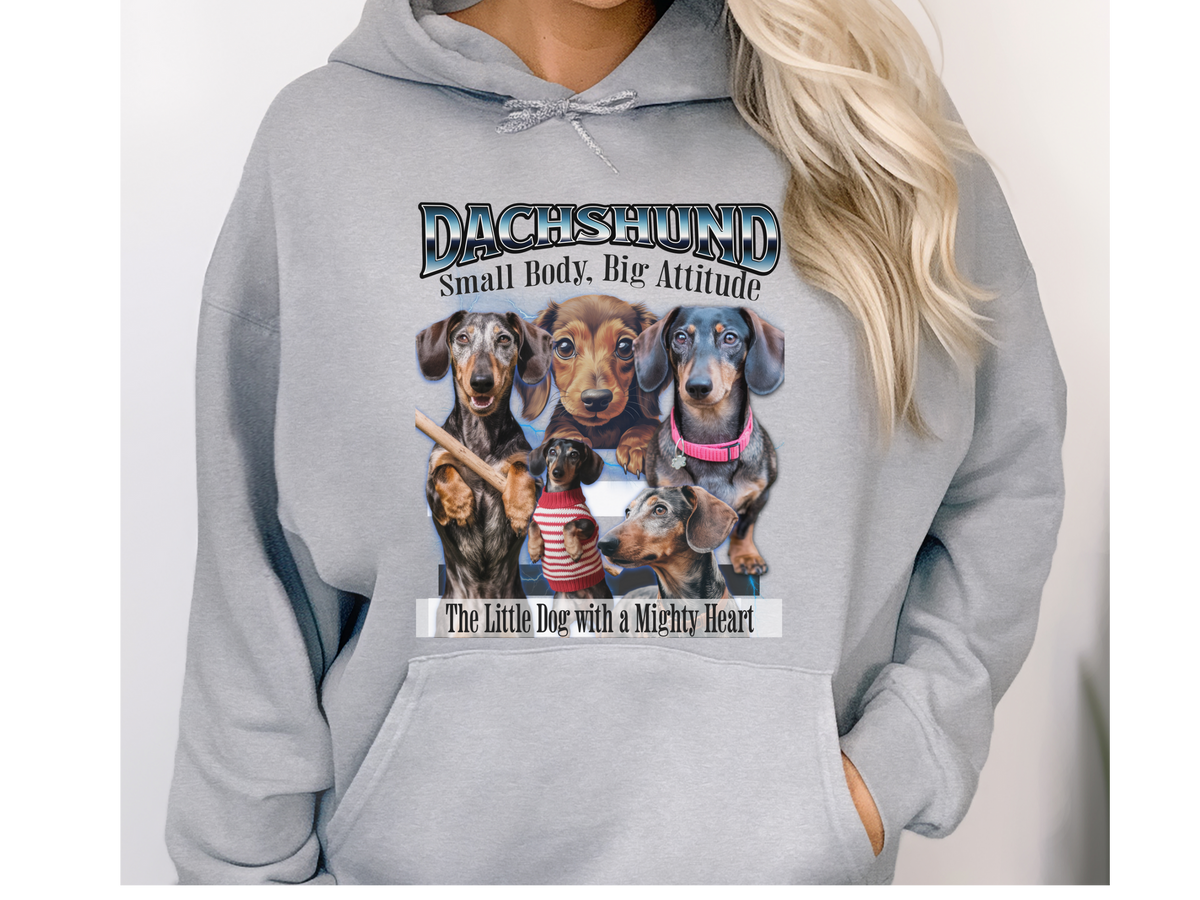 Dachshund Bootleg Collage Hoodie – Small Body, Big Attitude | Unisex Dog Lover Pullover