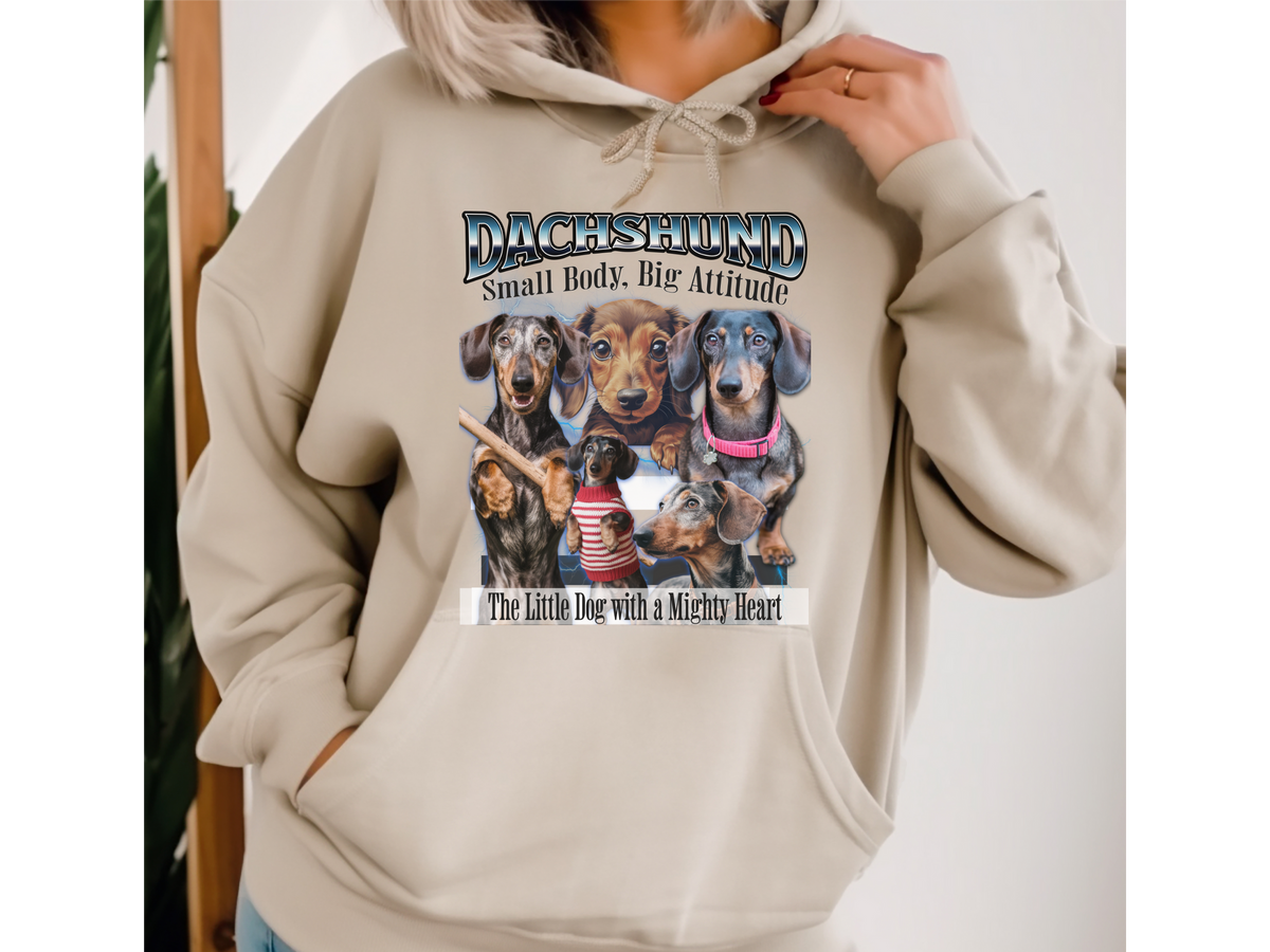 Dachshund Bootleg Collage Hoodie – Small Body, Big Attitude | Unisex Dog Lover Pullover