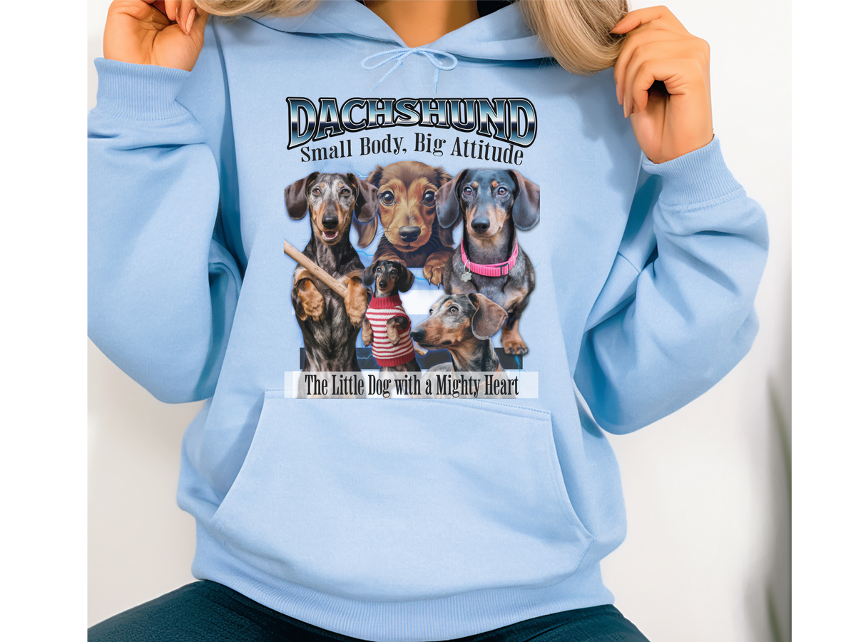 Dachshund Bootleg Collage Hoodie – Small Body, Big Attitude | Unisex Dog Lover Pullover