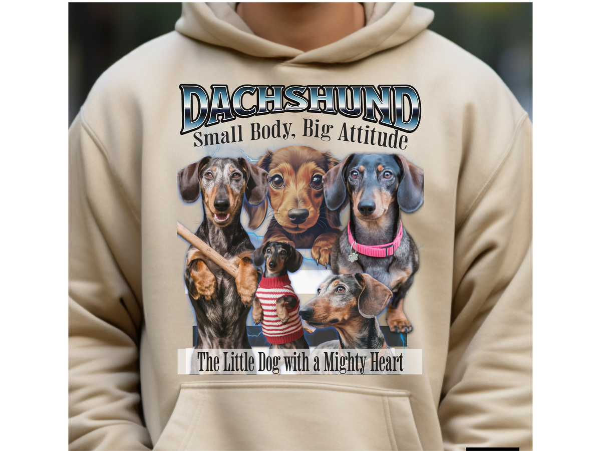 Dachshund Bootleg Collage Hoodie – Small Body, Big Attitude | Unisex Dog Lover Pullover