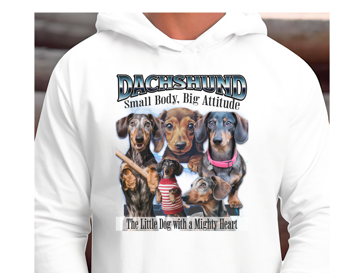 Dachshund Bootleg Collage Hoodie – Small Body, Big Attitude | Unisex Dog Lover Pullover