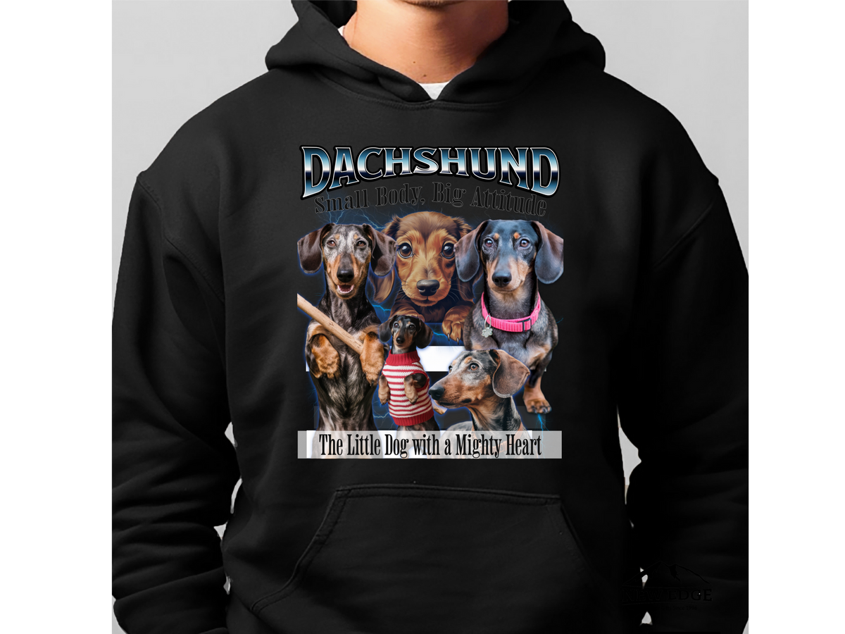 Dachshund Bootleg Collage Hoodie – Small Body, Big Attitude | Unisex Dog Lover Pullover