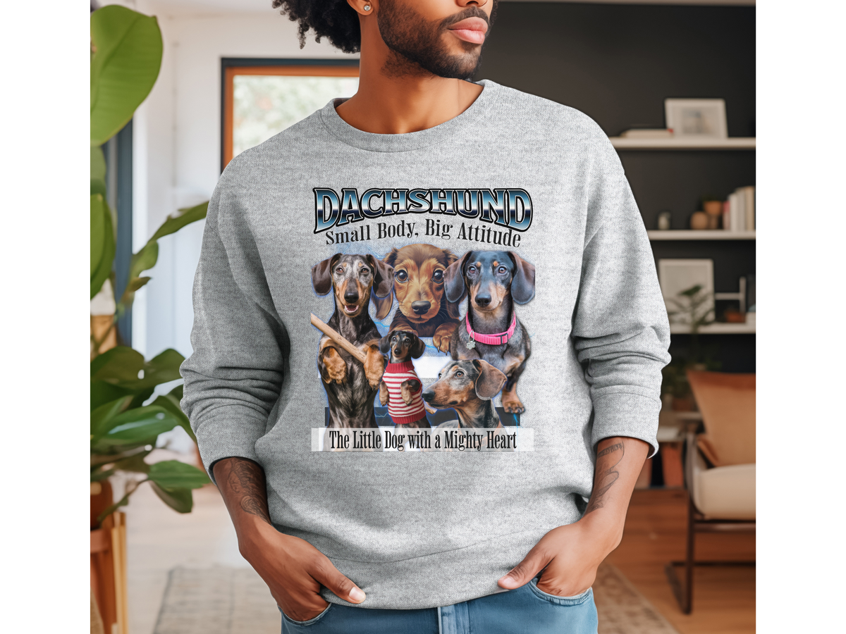 Dachshund Bootleg Collage Sweatshirt – Small Body, Big Attitude | Unisex Dog Lover Pullover
