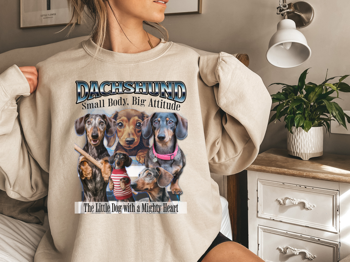 Dachshund Bootleg Collage Sweatshirt – Small Body, Big Attitude | Unisex Dog Lover Pullover