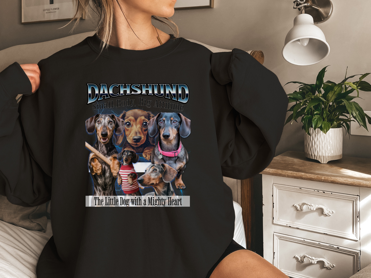 Dachshund Bootleg Collage Sweatshirt – Small Body, Big Attitude | Unisex Dog Lover Pullover
