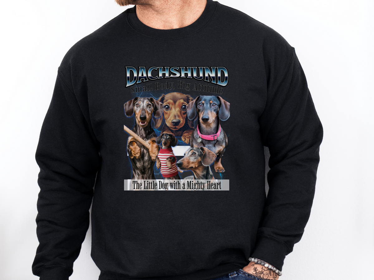 Dachshund Bootleg Collage Sweatshirt – Small Body, Big Attitude | Unisex Dog Lover Pullover