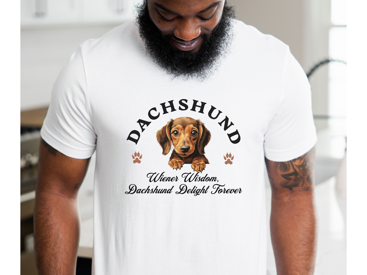 Dachshund T-Shirt – Unisex Tee with “Wiener Wisdom, Dachshund Delight Forever” Slogan | Funny Sausage Dog Lover Gift