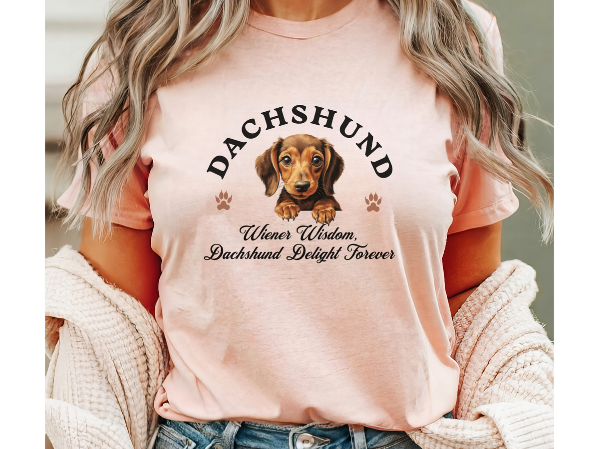 Dachshund T-Shirt – Unisex Tee with “Wiener Wisdom, Dachshund Delight Forever” Slogan | Funny Sausage Dog Lover Gift