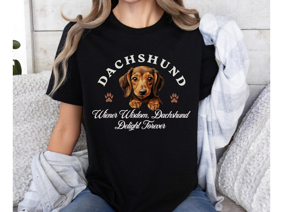 Dachshund T-Shirt – Unisex Tee with “Wiener Wisdom, Dachshund Delight Forever” Slogan | Funny Sausage Dog Lover Gift