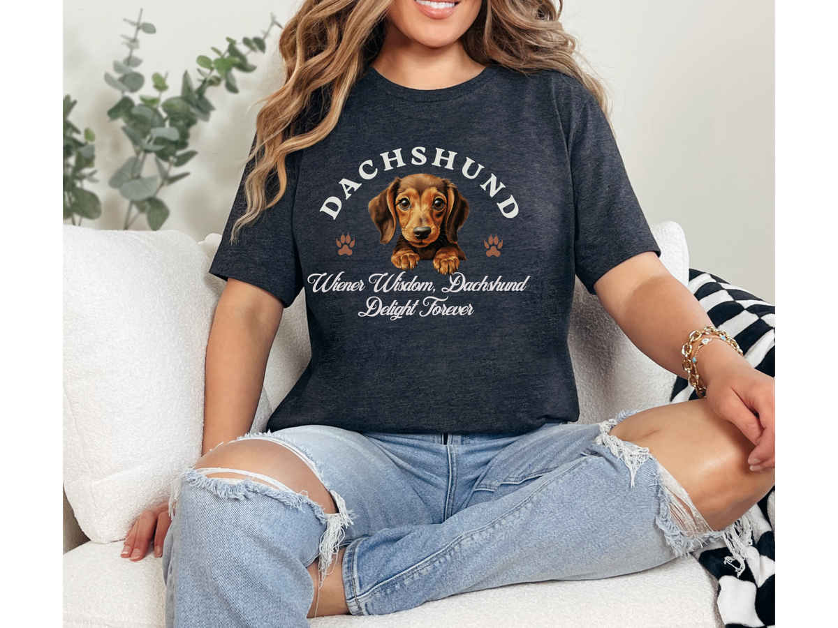 Dachshund T-Shirt – Unisex Tee with “Wiener Wisdom, Dachshund Delight Forever” Slogan | Funny Sausage Dog Lover Gift