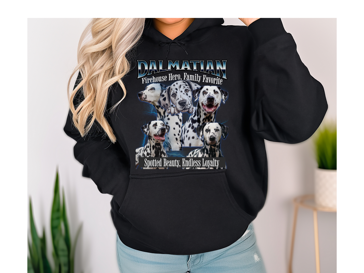 Dalmatian Bootleg Collage Hoodie – Firehouse Hero, Family Favorite | Unisex Dog Lover Pullover