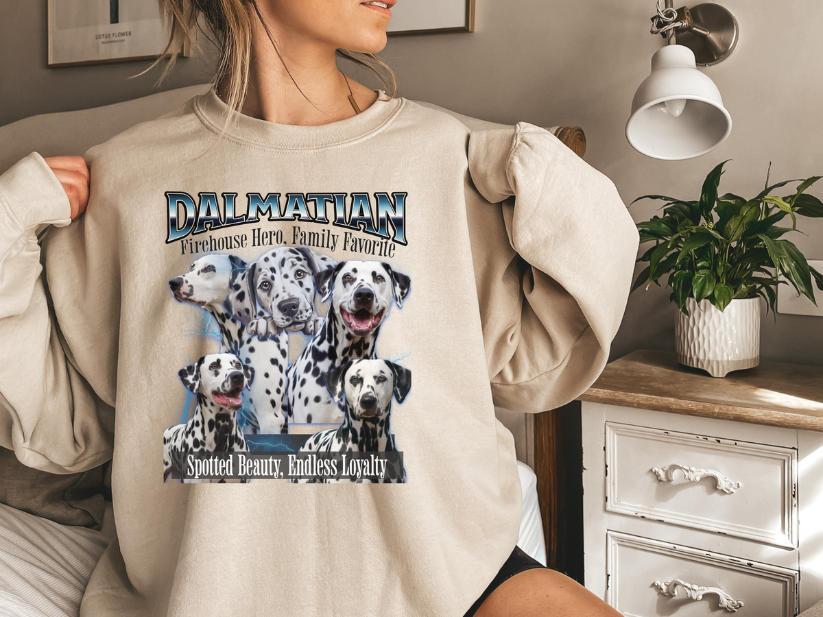 Dalmatian Bootleg Collage Sweatshirt – Firehouse Hero, Family Favorite | Unisex Dog Lover Pullover