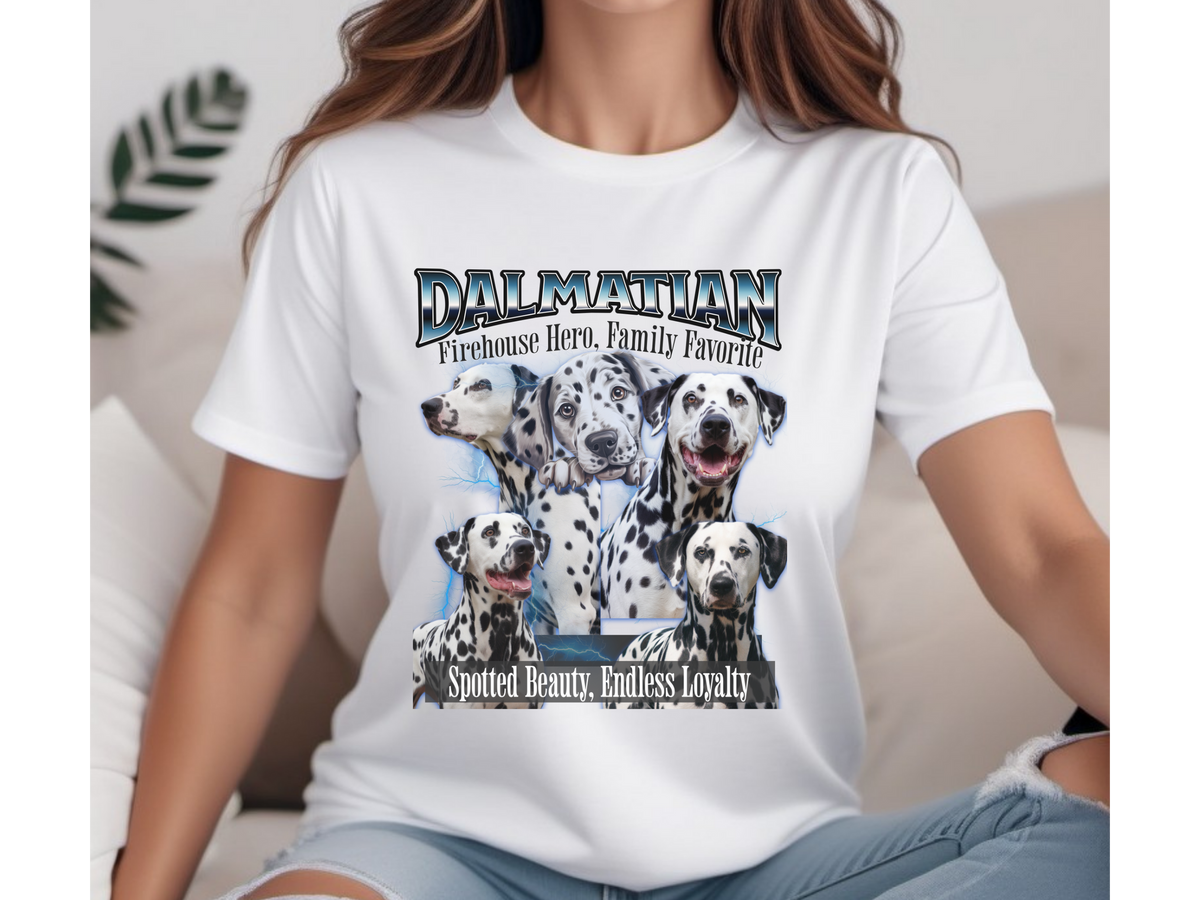 Dalmatian Bootleg Collage T-Shirt – Firehouse Hero, Family Favorite | Unisex Dog Lover Tee