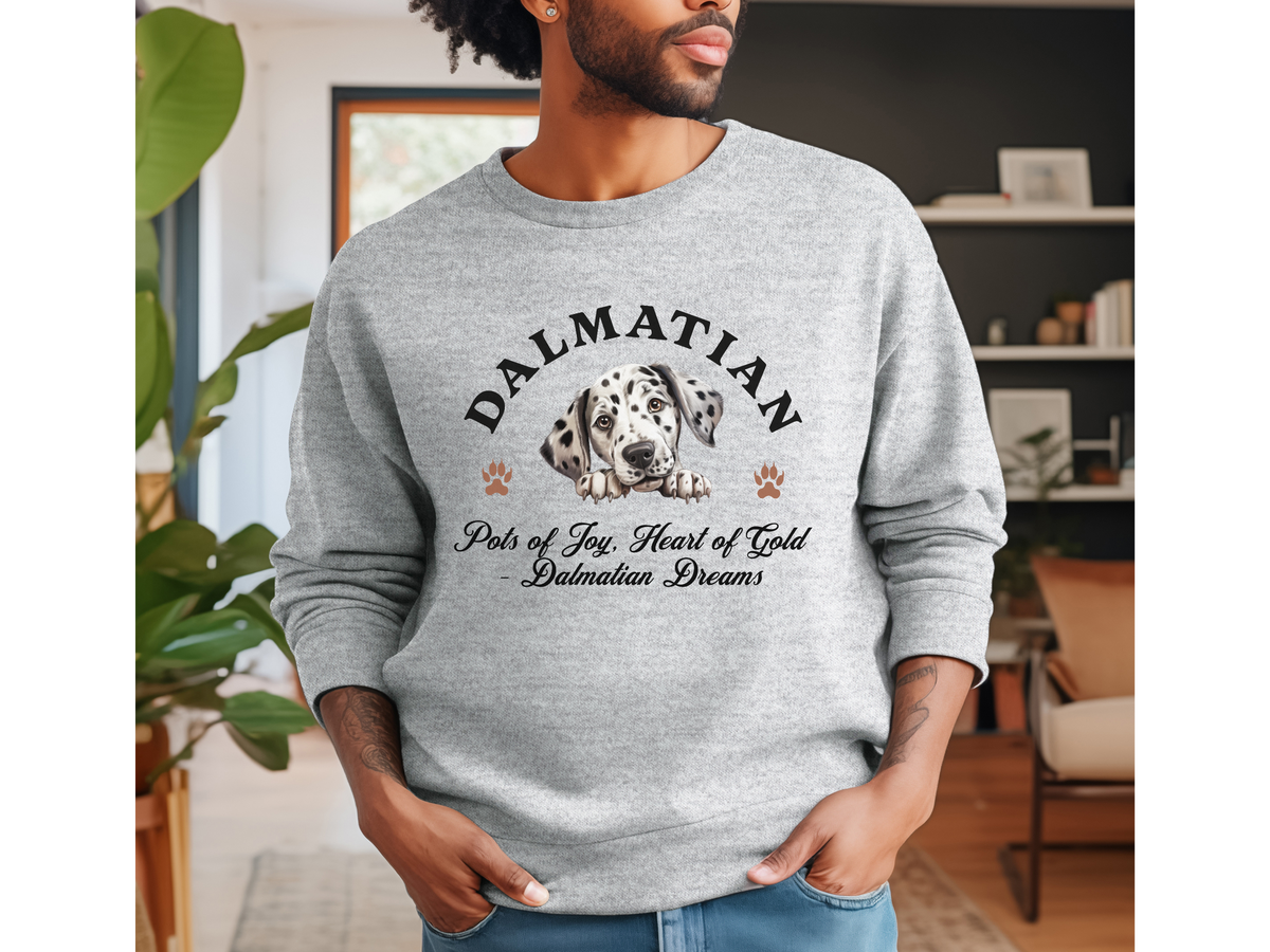 Dalmatian Sweatshirt – Spots of Joy, Heart of Gold – Dalmatian Dreams – Unisex Dog Lover Apparel