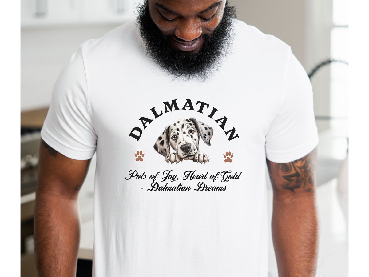 Dalmatian T-Shirt – Unisex Tee with “Spots of Joy, Heart of Gold – Dalmatian Dreams” Slogan | Spotted Dog Lover Gift