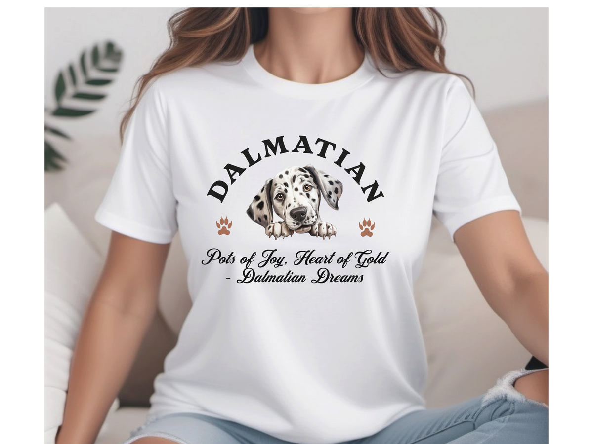 Dalmatian T-Shirt – Unisex Tee with “Spots of Joy, Heart of Gold – Dalmatian Dreams” Slogan | Spotted Dog Lover Gift