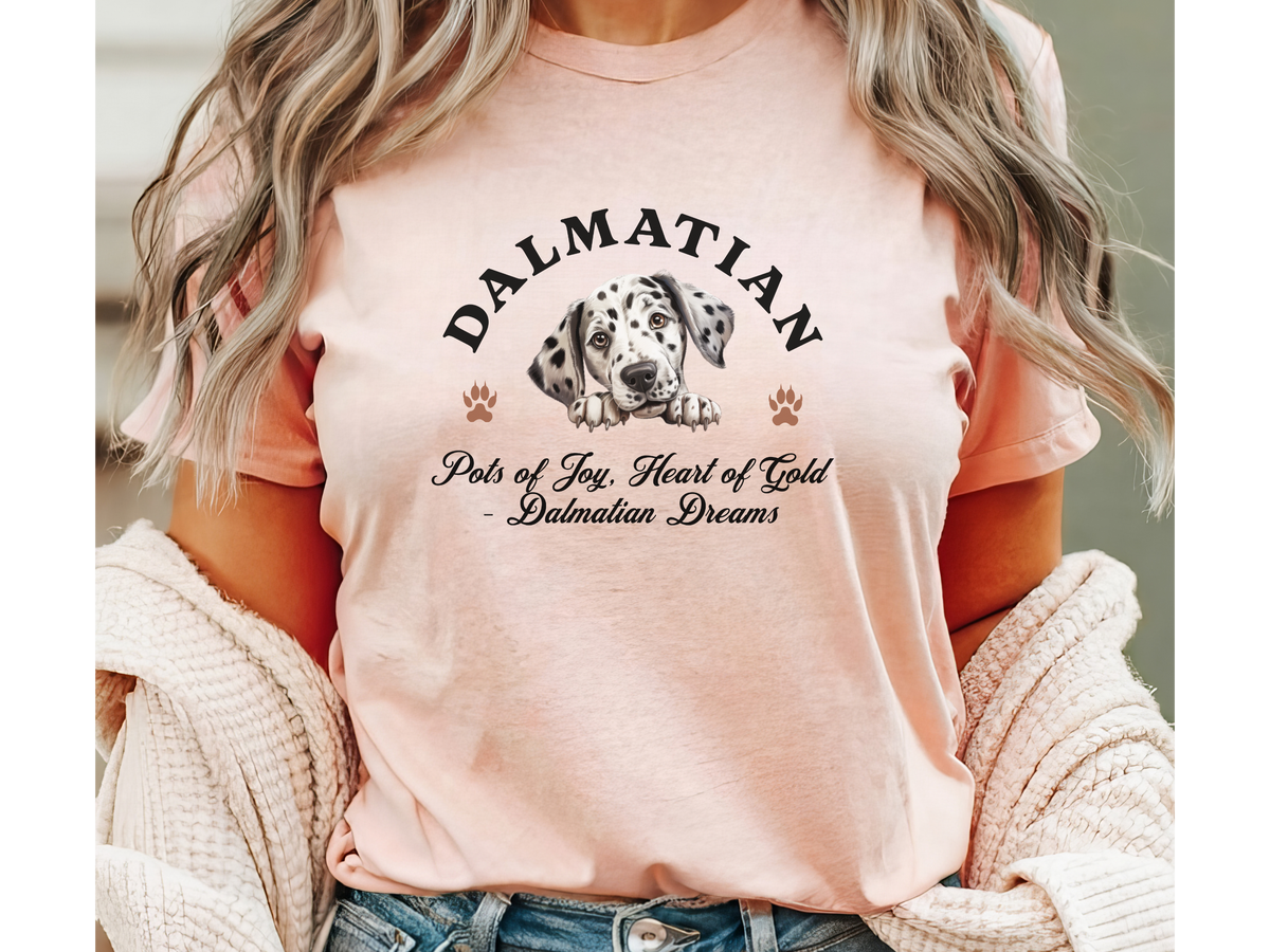 Dalmatian T-Shirt – Unisex Tee with “Spots of Joy, Heart of Gold – Dalmatian Dreams” Slogan | Spotted Dog Lover Gift