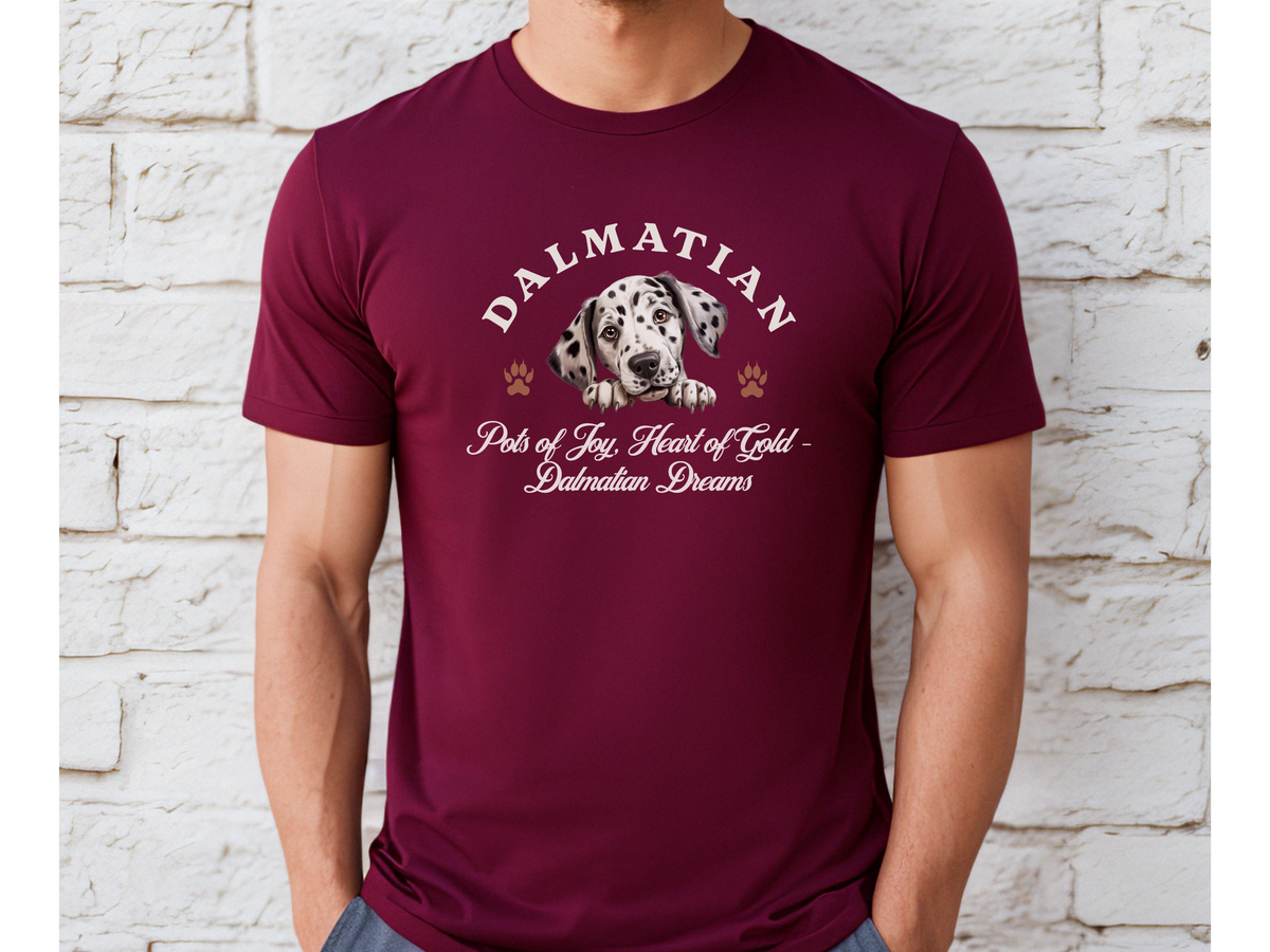 Dalmatian T-Shirt – Unisex Tee with “Spots of Joy, Heart of Gold – Dalmatian Dreams” Slogan | Spotted Dog Lover Gift