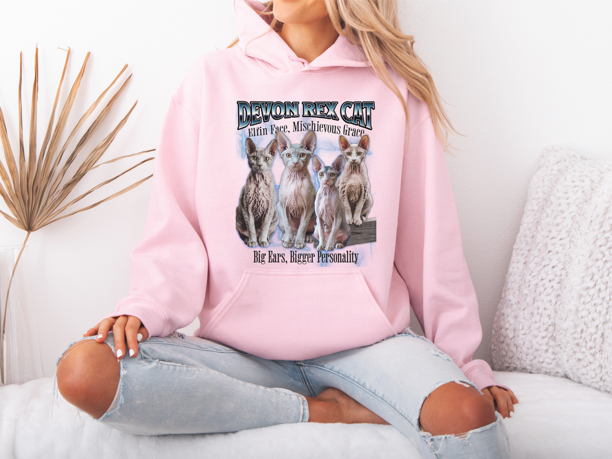 Devon Rex Cat Hoodie – Unisex Bootleg Collage Sweatshirt | Elfin Face, Mischievous Grace