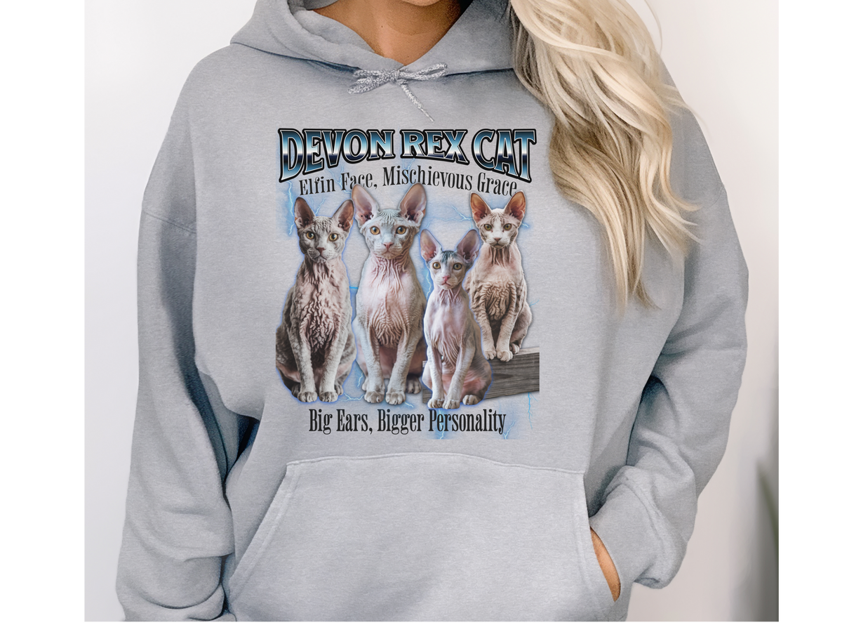 Devon Rex Cat Hoodie – Unisex Bootleg Collage Sweatshirt | Elfin Face, Mischievous Grace