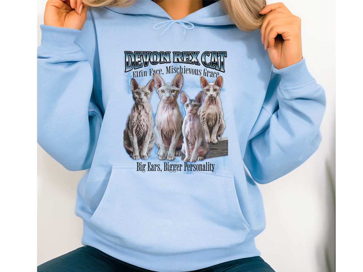 Devon Rex Cat Hoodie – Unisex Bootleg Collage Sweatshirt | Elfin Face, Mischievous Grace