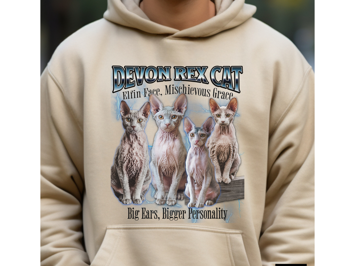 Devon Rex Cat Hoodie – Unisex Bootleg Collage Sweatshirt | Elfin Face, Mischievous Grace