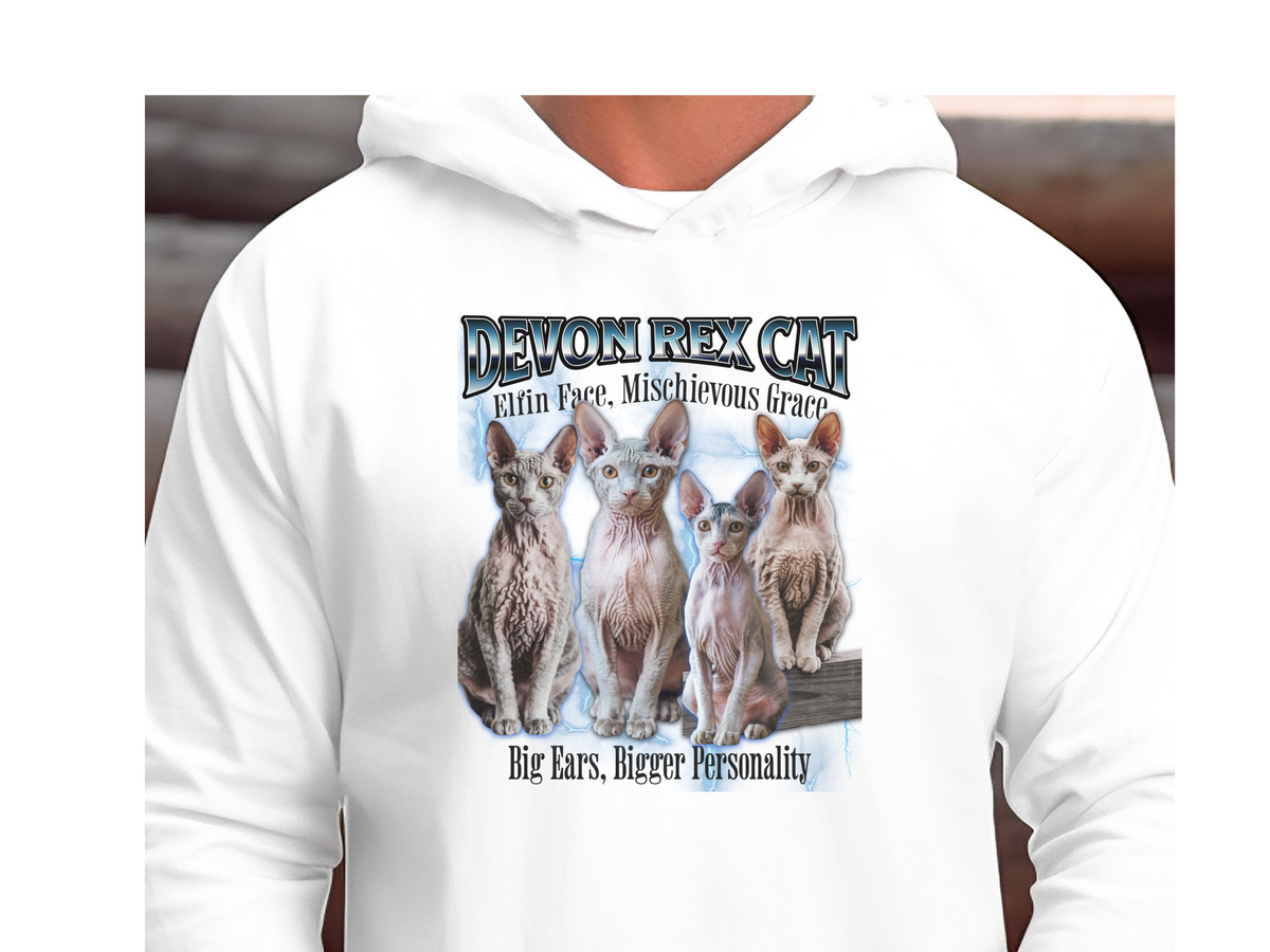 Devon Rex Cat Hoodie – Unisex Bootleg Collage Sweatshirt | Elfin Face, Mischievous Grace