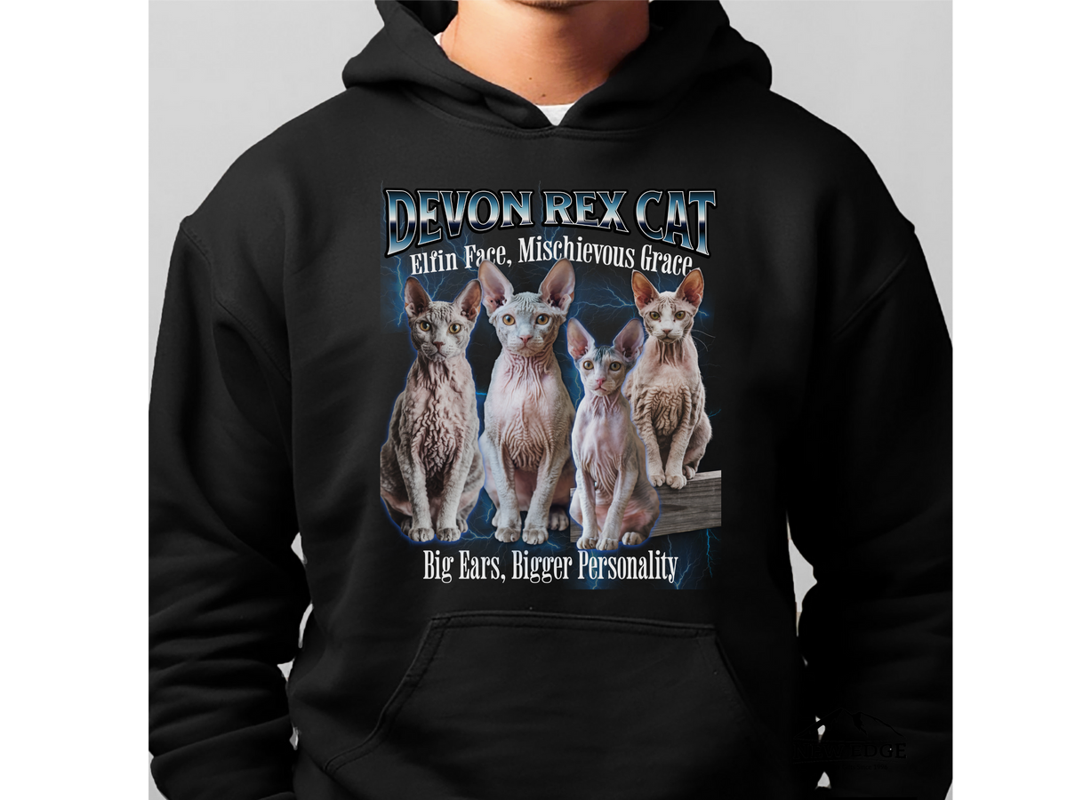 Devon Rex Cat Hoodie – Unisex Bootleg Collage Sweatshirt | Elfin Face, Mischievous Grace