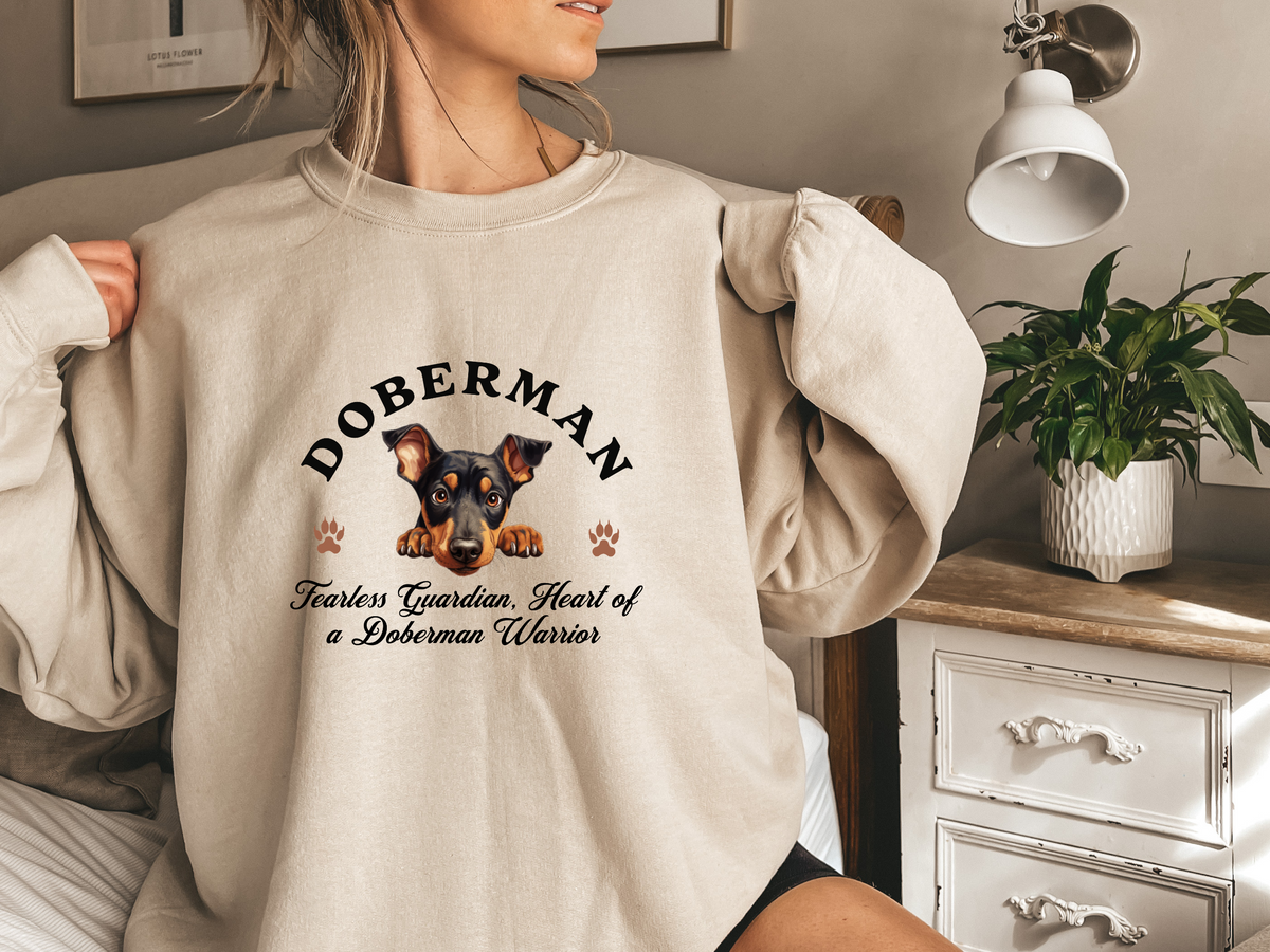 Doberman Sweatshirt – Fearless Guardian, Heart of a Doberman Warrior – Unisex Dog Lover Apparel