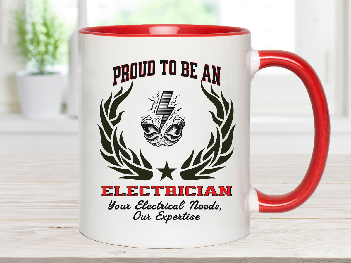 PROUD TO BE AN ELECTRICIAN Accent Coffee Mug – “Your Electrical Needs, Our Expertise” – Tradesman Gift by New Edge Gifts and Novelties