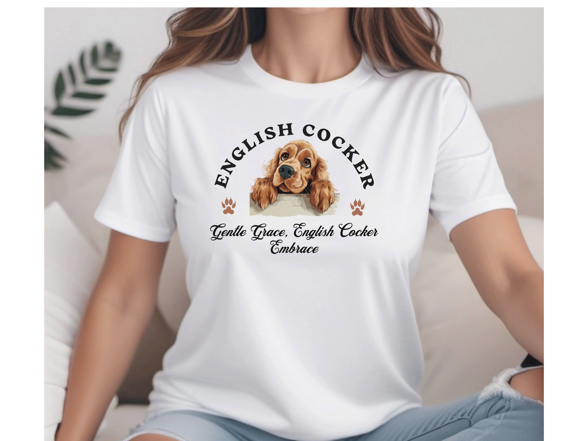 English Cocker Spaniel T-Shirt – Unisex Tee with “Gentle Grace, English Cocker Embrace” Slogan | Elegant Dog Lover Gift