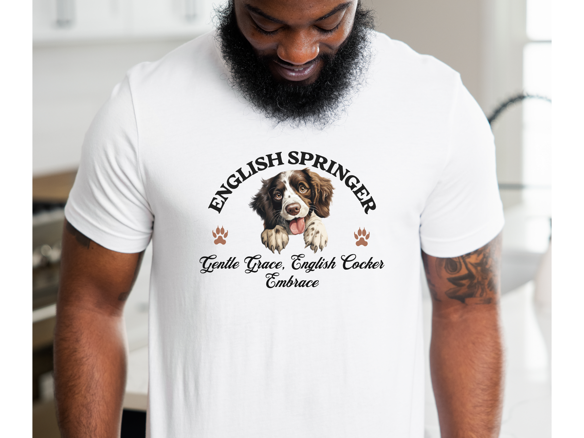 English Springer Spaniel T-Shirt – Unisex Tee with “Energetic Elegance, English Springer Bliss” Slogan | Active Dog Lover Gift