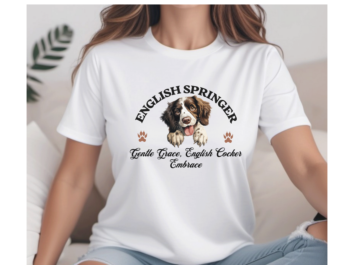 English Springer Spaniel T-Shirt – Unisex Tee with “Energetic Elegance, English Springer Bliss” Slogan | Active Dog Lover Gift