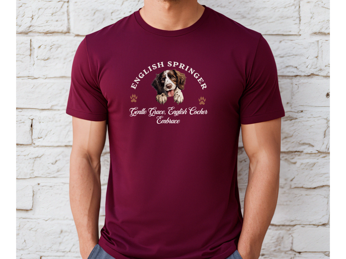 English Springer Spaniel T-Shirt – Unisex Tee with “Energetic Elegance, English Springer Bliss” Slogan | Active Dog Lover Gift