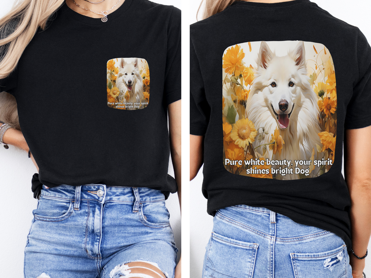 White Eskimo Dog Sunflower Tee – 'Pure Beauty, Bright Spirit' Front & Back Design