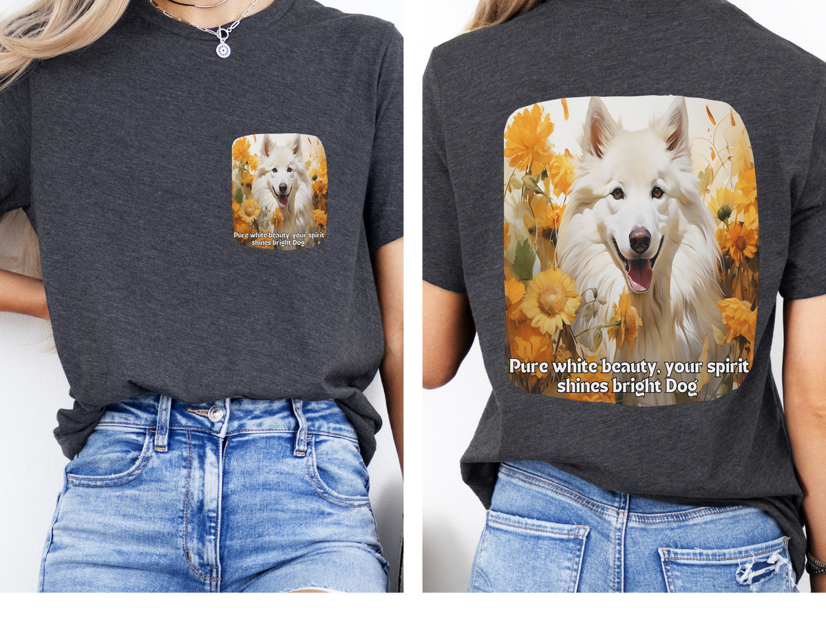 White Eskimo Dog Sunflower Tee – 'Pure Beauty, Bright Spirit' Front & Back Design