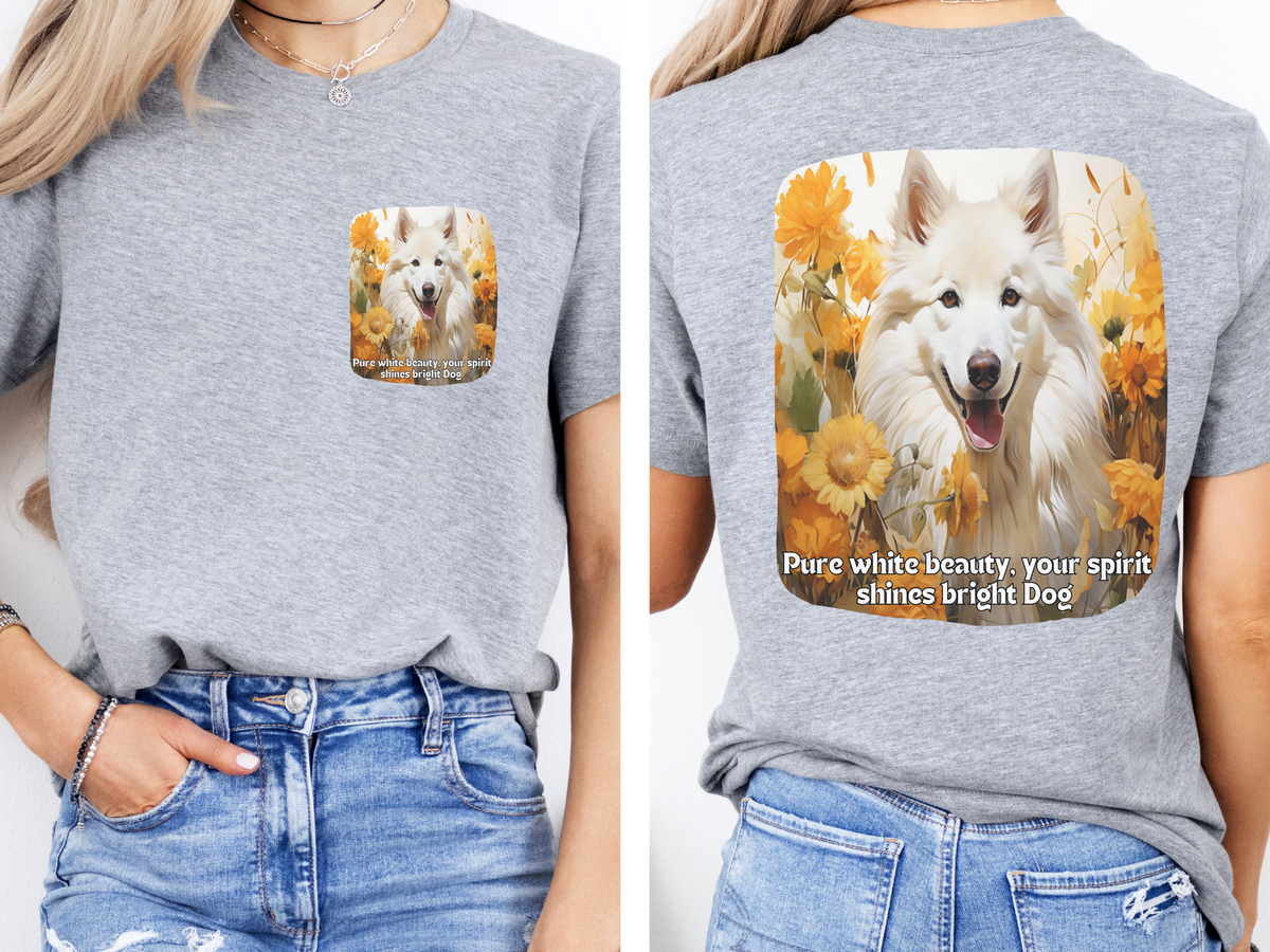 White Eskimo Dog Sunflower Tee – 'Pure Beauty, Bright Spirit' Front & Back Design